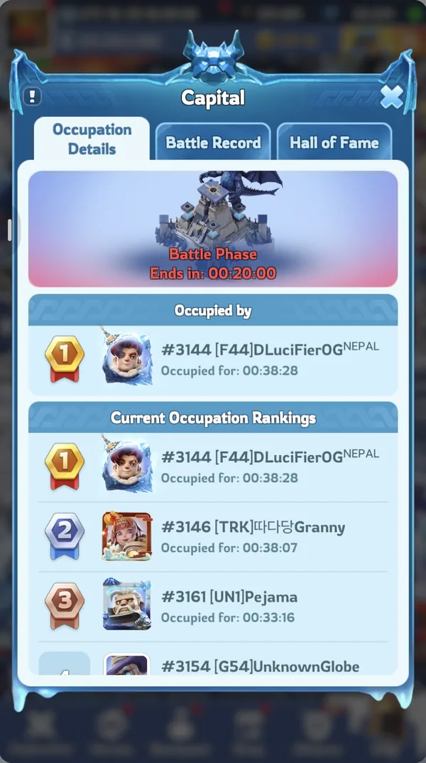 Capital occupation panel with 20 minutes left, the F44 player ranked first at 38:28