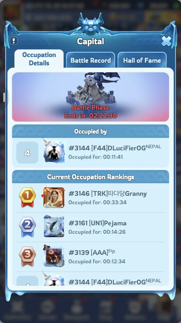 Capital occupation panel with 2 hours 22 minutes left, State 3146 leading the player ranking