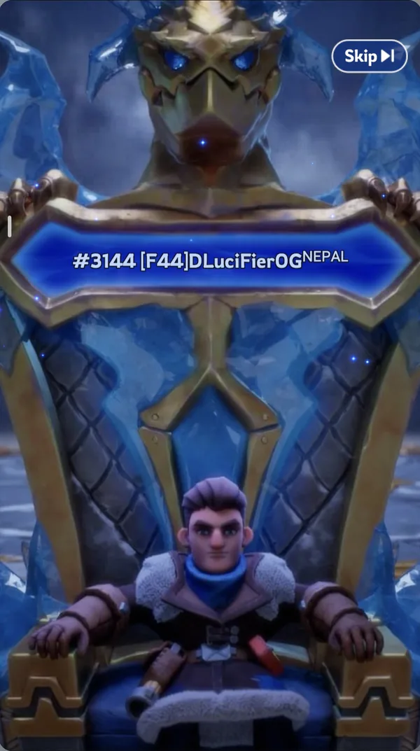 Crowning cinematic: the State 3144 Tyrant seated on the frost dragon throne