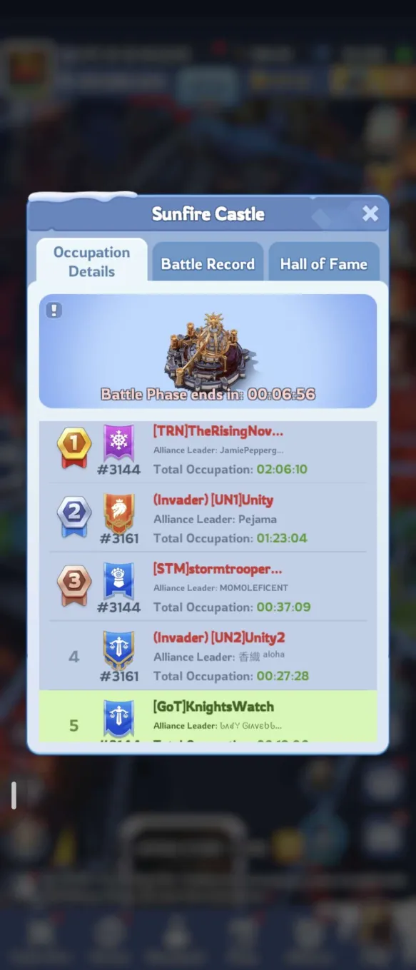 Late ranking with 6:56 left: TRN 02:06:10, UN1 01:23:04, STM 00:37:09, UN2 00:27:28, GoT fifth